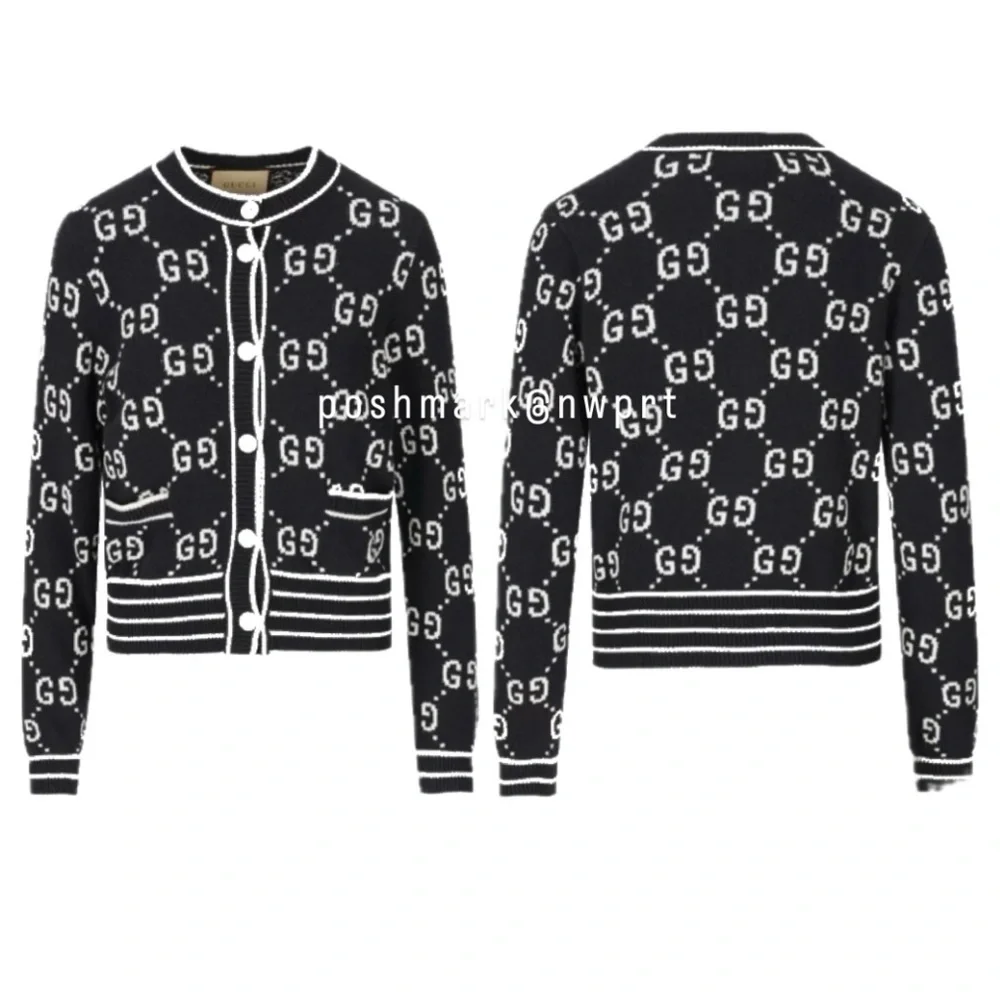 GUCCI 🙌 GG Supreme Logo Cardigan Sweater Black Ivory White Cotton XS - Picture 4 of 16